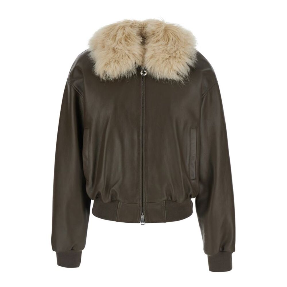 Grifoni Women Green Bomber Jacket With Removable Fur Collar In Leather For Women